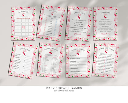 Pink Cherry Gingham Baby Shower Bundle Printable Template, Coquette Sweet Cherry on Top Baby Sprinkle, Pastel Gingham Nesting Party WP1071