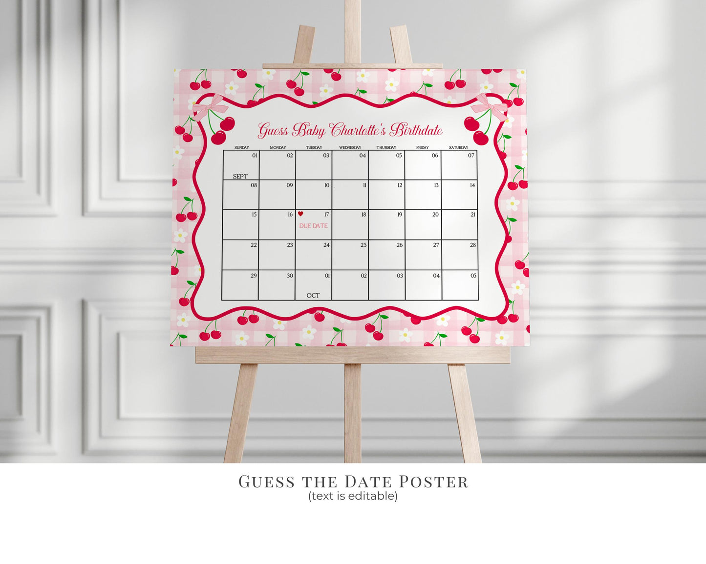 Pink Cherry Gingham Baby Shower Bundle Printable Template, Coquette Sweet Cherry on Top Baby Sprinkle, Pastel Gingham Nesting Party WP1071