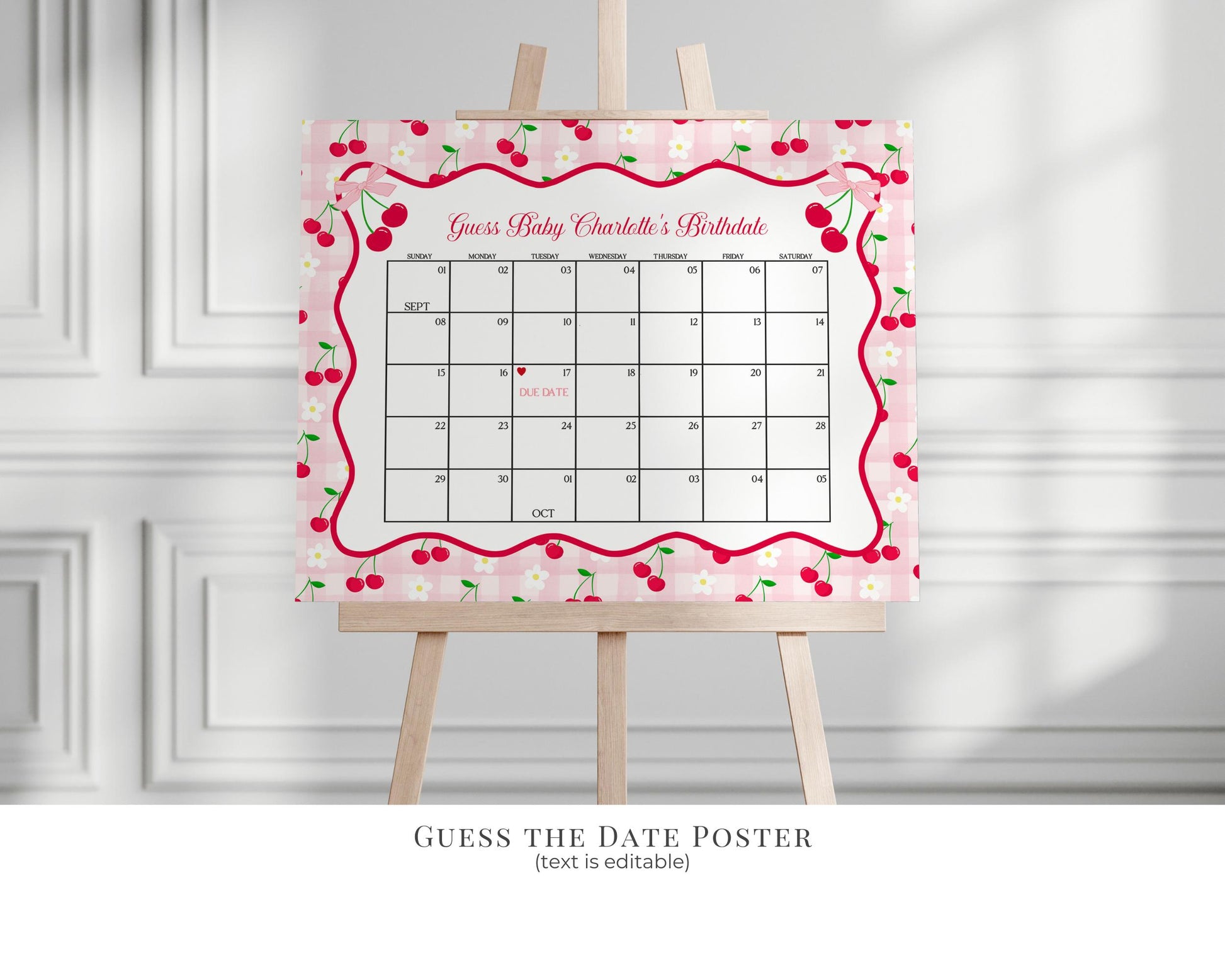 Pink Cherry Gingham Baby Shower Bundle Printable Template, Coquette Sweet Cherry on Top Baby Sprinkle, Pastel Gingham Nesting Party WP1071