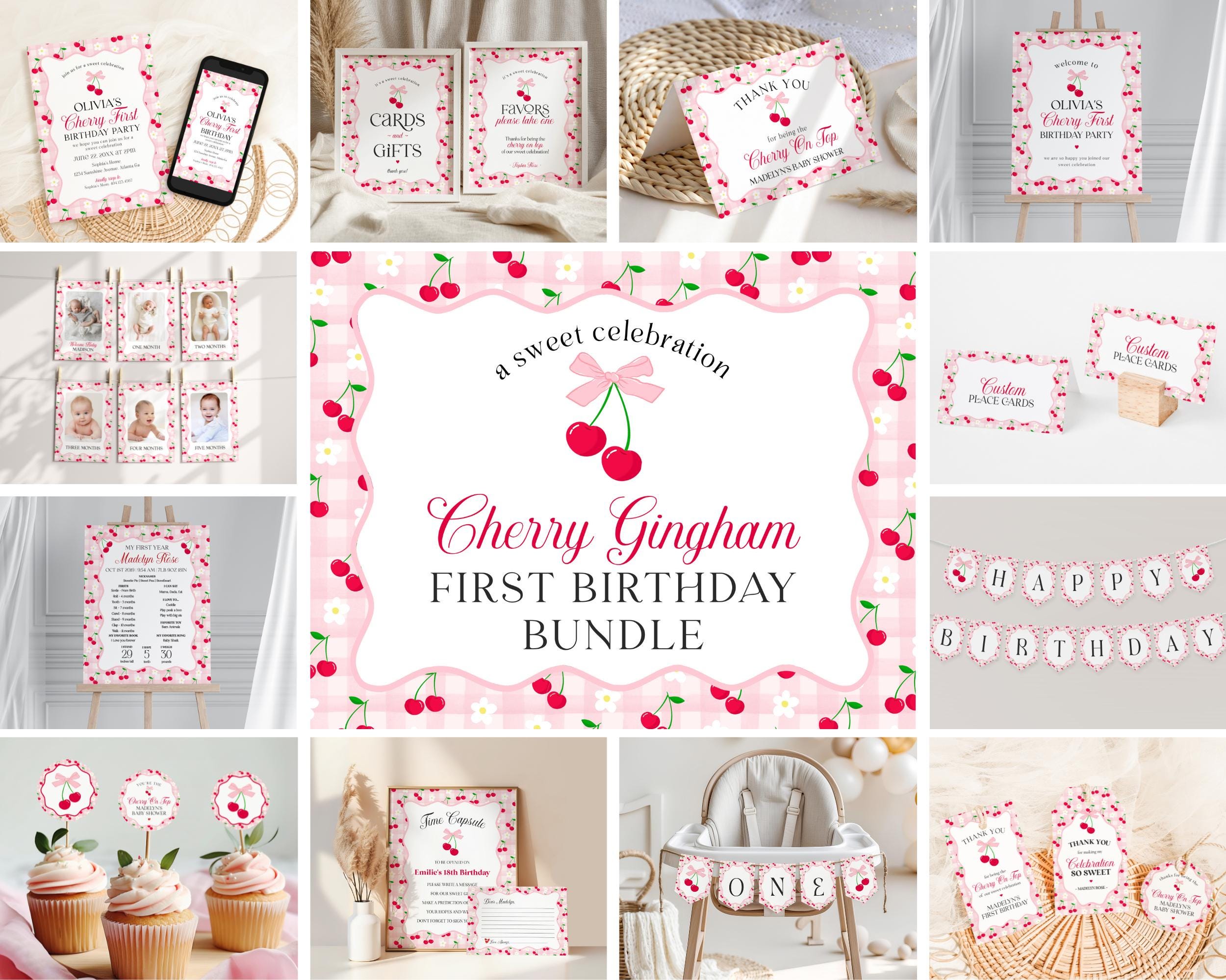 Pink Cherry Gingham First Birthday Bundle Printable Template, Coquette Sweet Cherry First Celebration, Pastel Gingham Party Decor WP1071