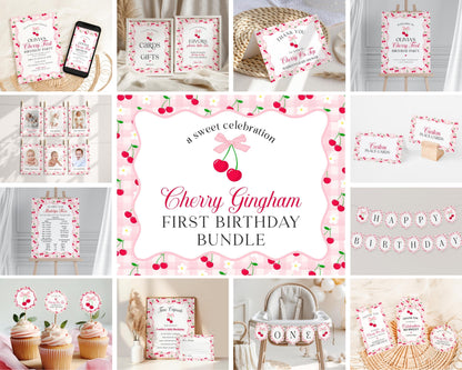 Pink Cherry Gingham First Birthday Bundle Printable Template, Coquette Sweet Cherry First Celebration, Pastel Gingham Party Decor WP1071