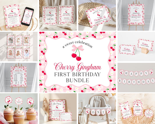 Pink Cherry Gingham First Birthday Bundle Printable Template, Coquette Sweet Cherry First Celebration, Pastel Gingham Party Decor WP1071