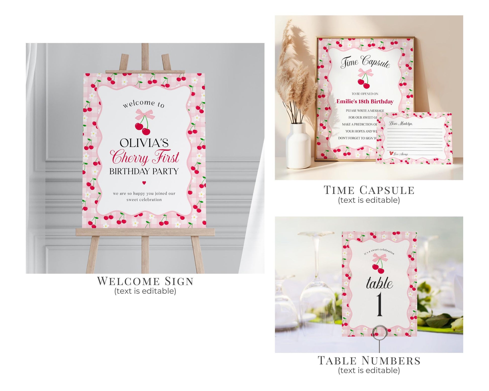 Pink Cherry Gingham First Birthday Bundle Printable Template, Coquette Sweet Cherry First Celebration, Pastel Gingham Party Decor WP1071