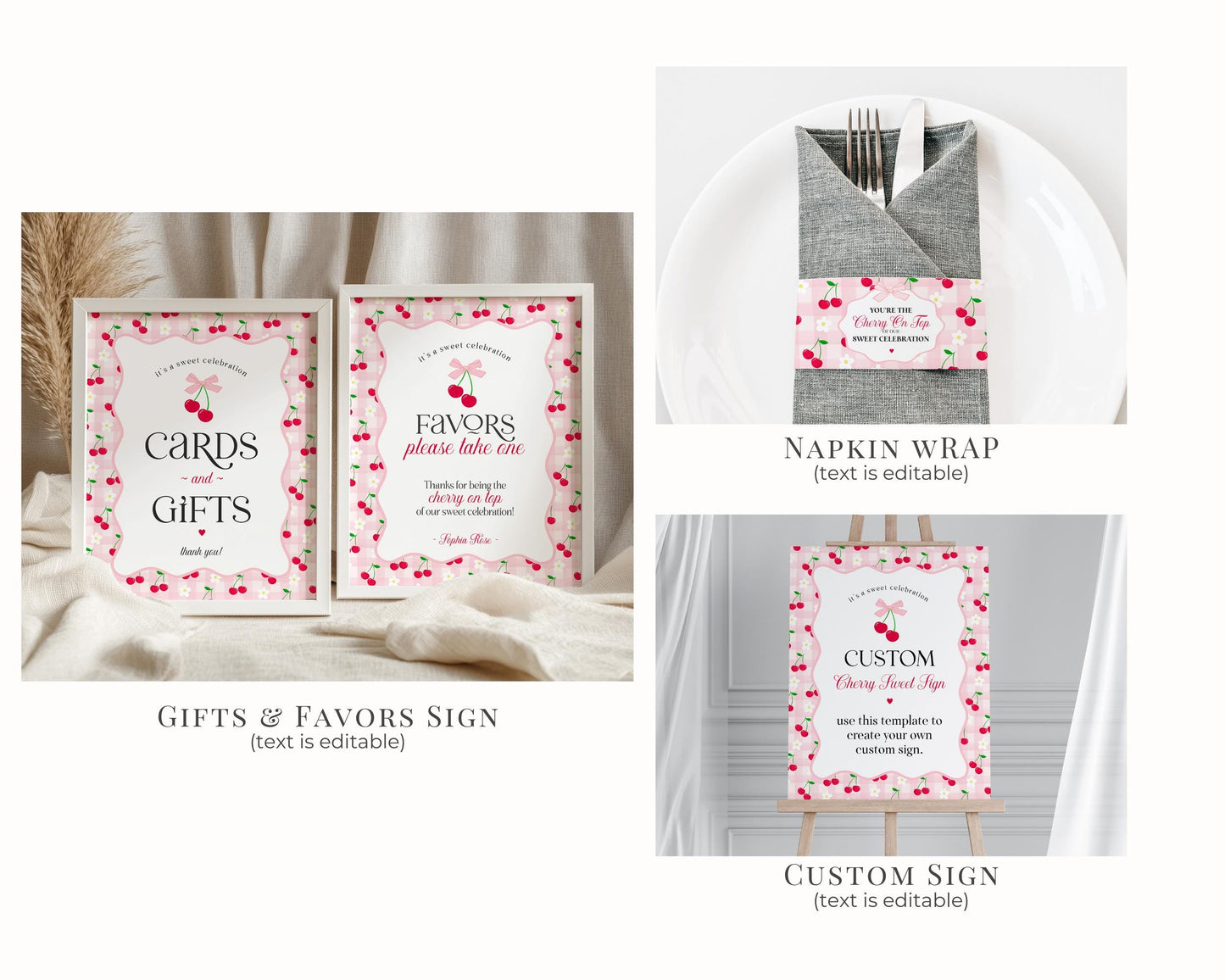 Pink Cherry Gingham Birthday Bundle Printable Template, Coquette Cherry Sweet Birthday Celebration, Pastel Gingham Party Decor WP1071