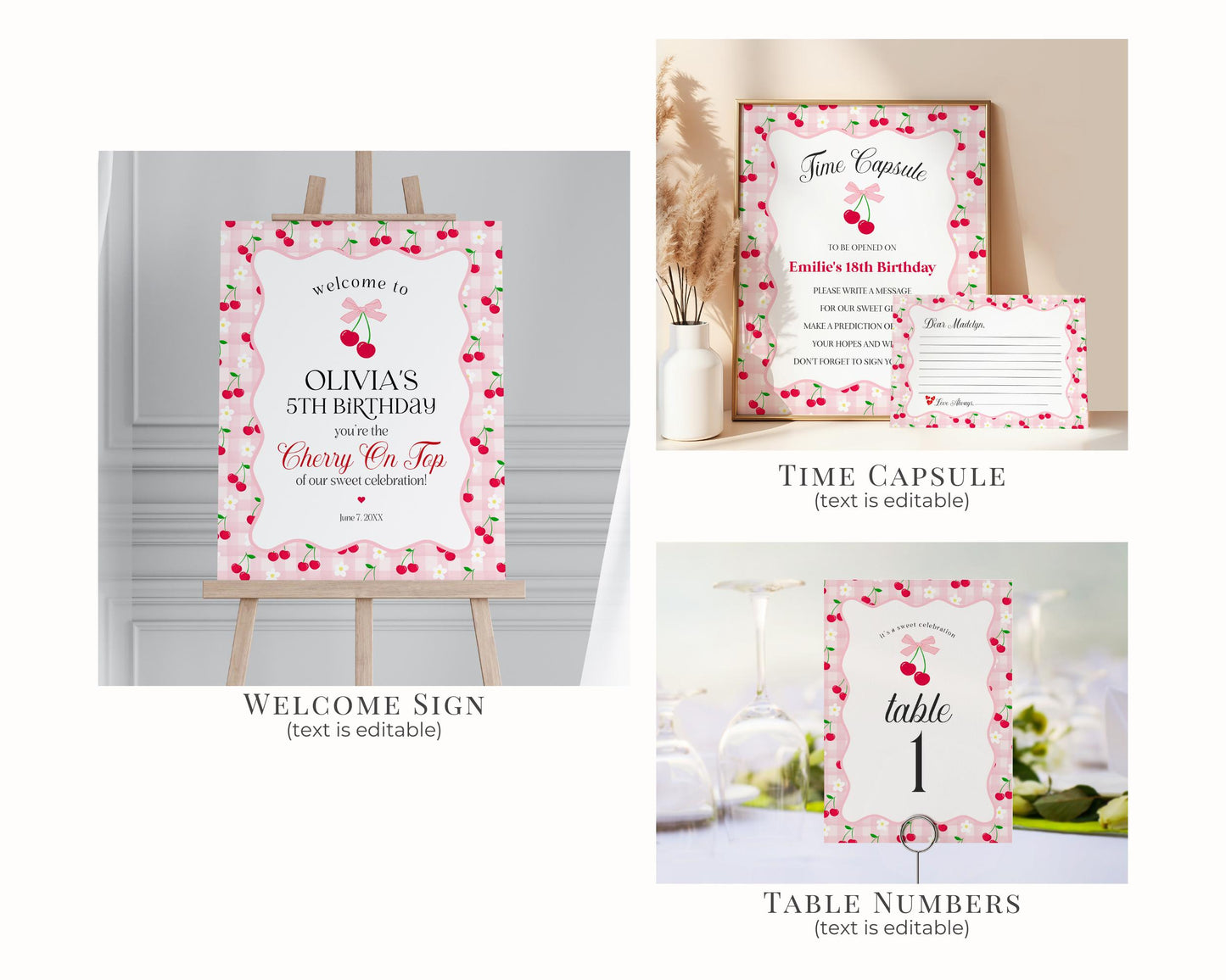 Pink Cherry Gingham Birthday Bundle Printable Template, Coquette Cherry Sweet Birthday Celebration, Pastel Gingham Party Decor WP1071