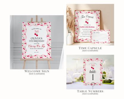 Pink Cherry Gingham Birthday Bundle Printable Template, Coquette Cherry Sweet Birthday Celebration, Pastel Gingham Party Decor WP1071