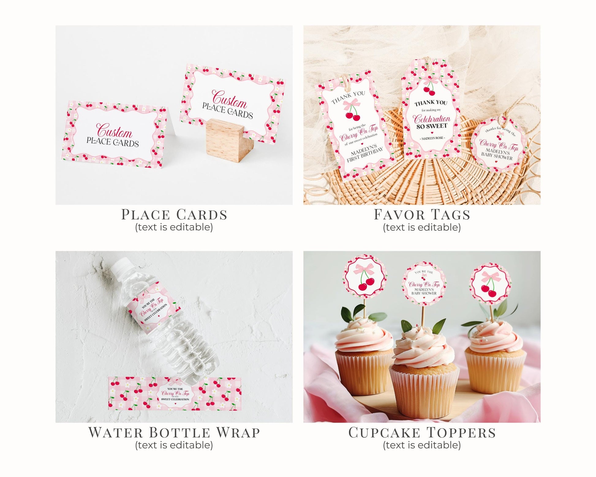 Pink Cherry Gingham Birthday Bundle Printable Template, Coquette Cherry Sweet Birthday Celebration, Pastel Gingham Party Decor WP1071
