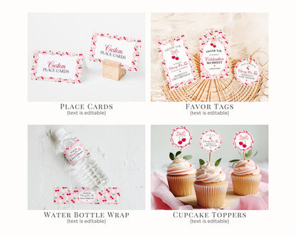 Pink Cherry Gingham Birthday Bundle Printable Template, Coquette Cherry Sweet Birthday Celebration, Pastel Gingham Party Decor WP1071