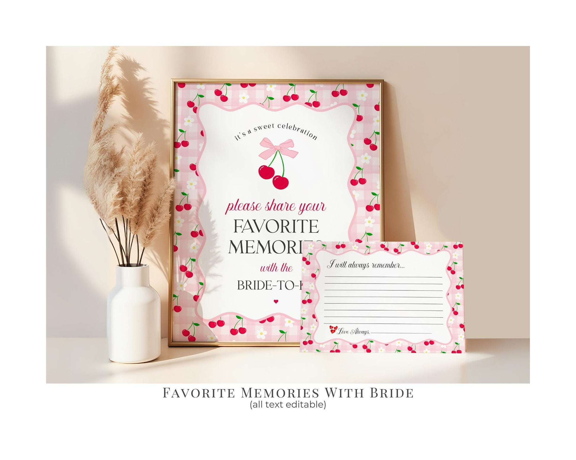 Pink Cherry Gingham Bachelorette Bundle Template, Coquette Cherry Sweet Hen Party, Pastel Gingham Engagement Girls Night Decor WP1071