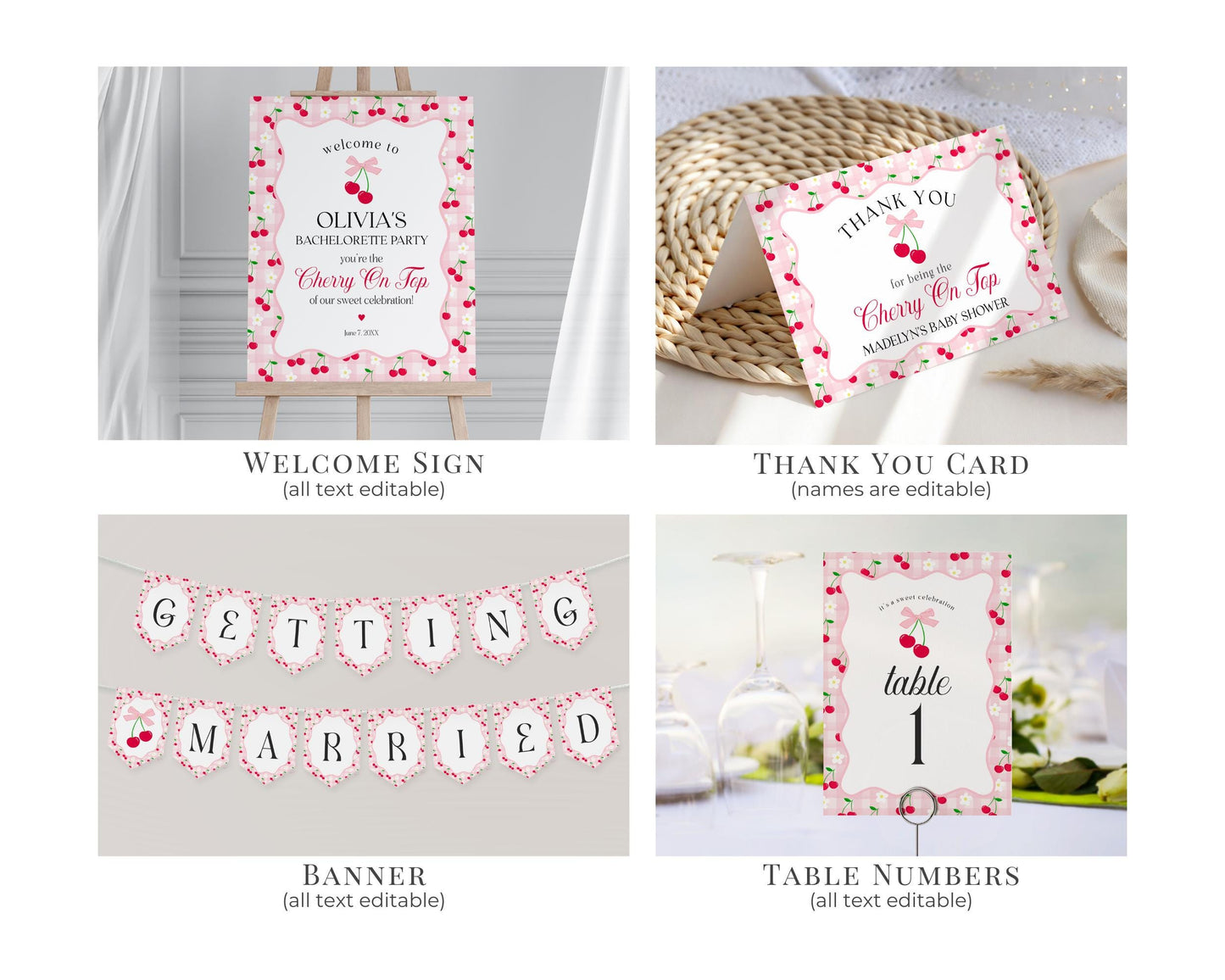 Pink Cherry Gingham Bachelorette Bundle Template, Coquette Cherry Sweet Hen Party, Pastel Gingham Engagement Girls Night Decor WP1071