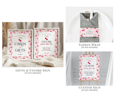 Pink Cherry Gingham Bachelorette Bundle Template, Coquette Cherry Sweet Hen Party, Pastel Gingham Engagement Girls Night Decor WP1071