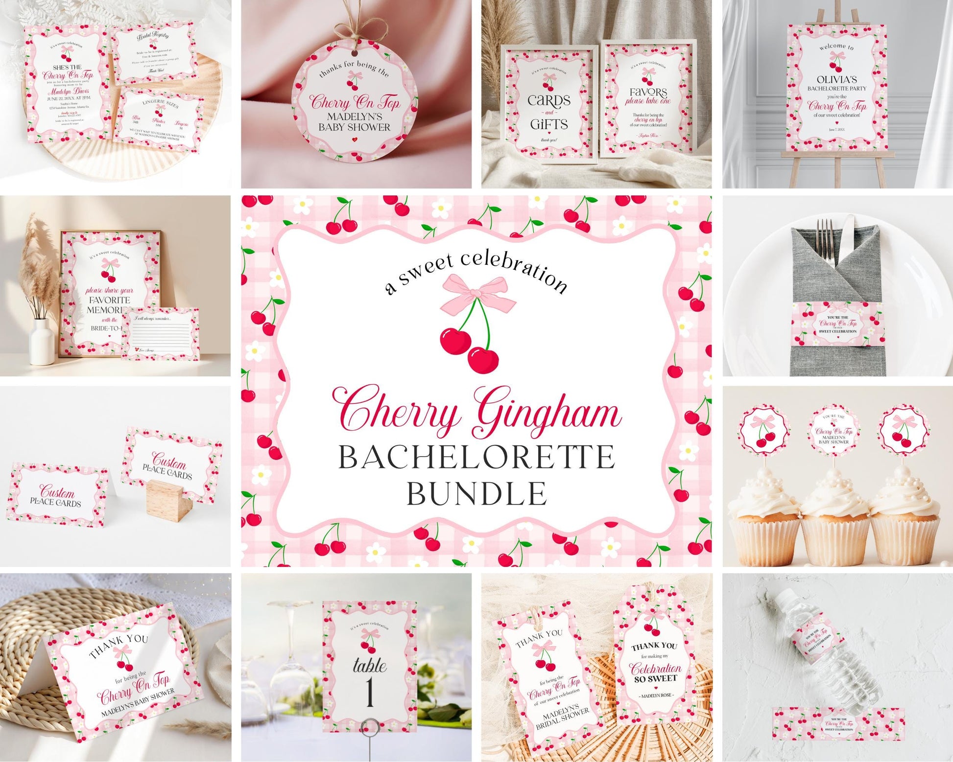 Pink Cherry Gingham Bachelorette Bundle Template, Coquette Cherry Sweet Hen Party, Pastel Gingham Engagement Girls Night Decor WP1071