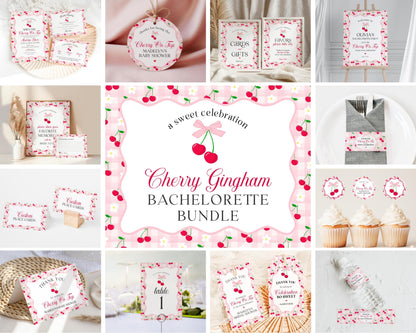 Pink Cherry Gingham Bachelorette Bundle Template, Coquette Cherry Sweet Hen Party, Pastel Gingham Engagement Girls Night Decor WP1071