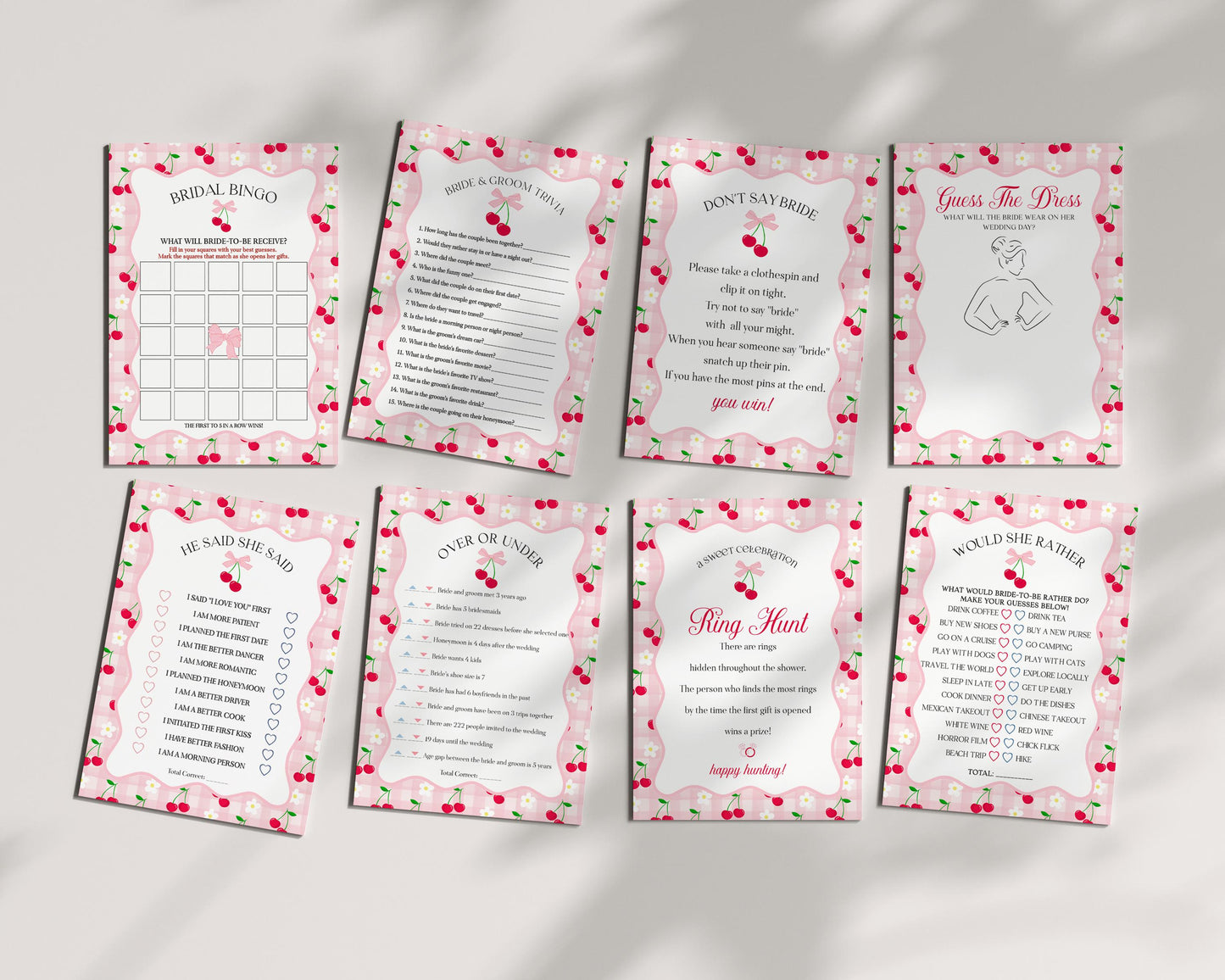 Pink Cherry Gingham Bachelorette Bundle Template, Coquette Cherry Sweet Hen Party, Pastel Gingham Engagement Girls Night Decor WP1071
