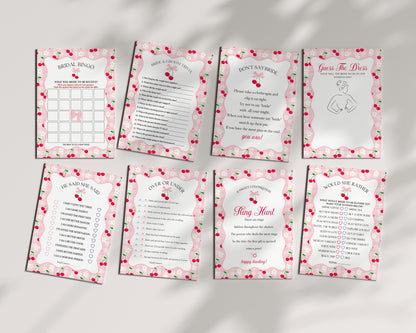 Pink Cherry Gingham Bachelorette Bundle Template, Coquette Cherry Sweet Hen Party, Pastel Gingham Engagement Girls Night Decor WP1071