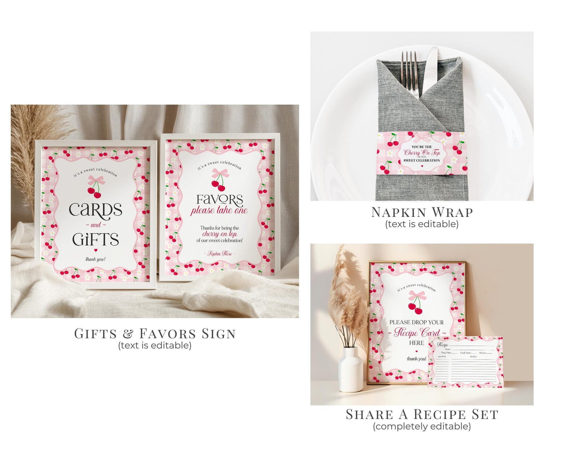 Pink Cherry Gingham Bridal Shower Bundle Printable Template, Coquette Cherry Sweet Bridal Brunch, Pastel Engagement Party Decor WP1071