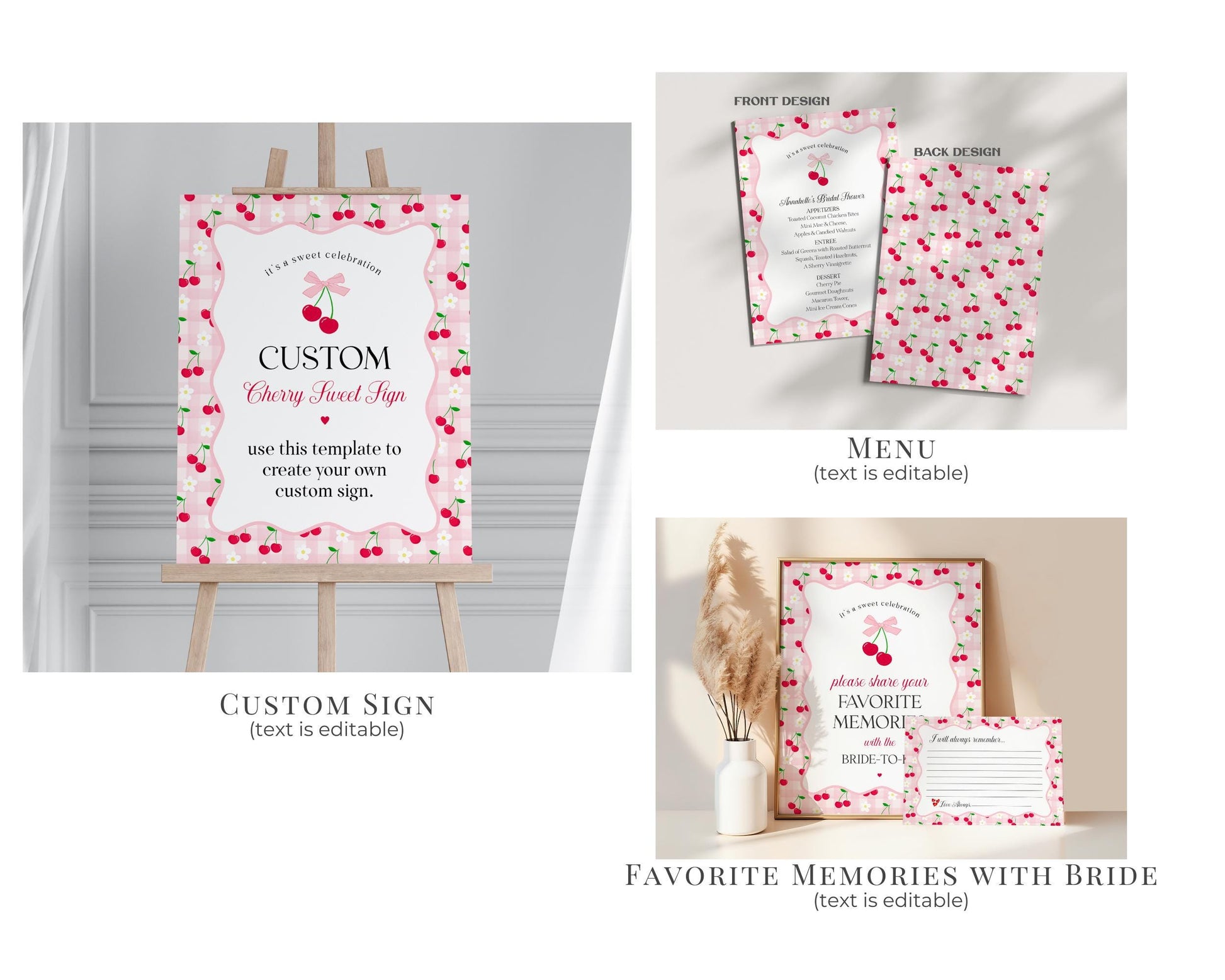 Pink Cherry Gingham Bridal Shower Bundle Printable Template, Coquette Cherry Sweet Bridal Brunch, Pastel Engagement Party Decor WP1071