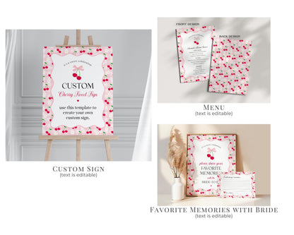Pink Cherry Gingham Bridal Shower Bundle Printable Template, Coquette Cherry Sweet Bridal Brunch, Pastel Engagement Party Decor WP1071