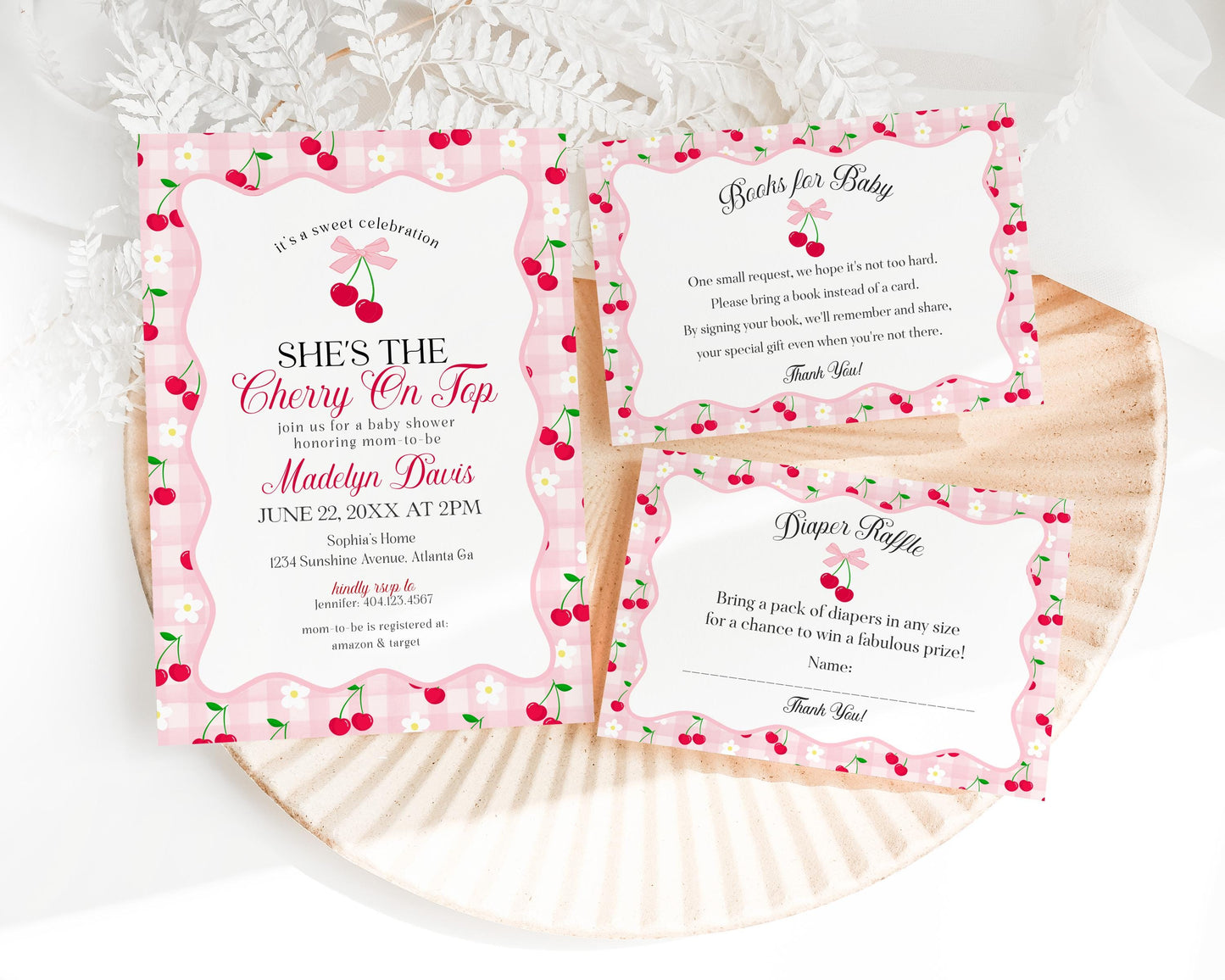 Pink Cherry Gingham Baby Shower Invitation Printable Template, Coquette Sweet Cherry on Top Baby Sprinkle, Pastel Nesting Party Decor WP1071