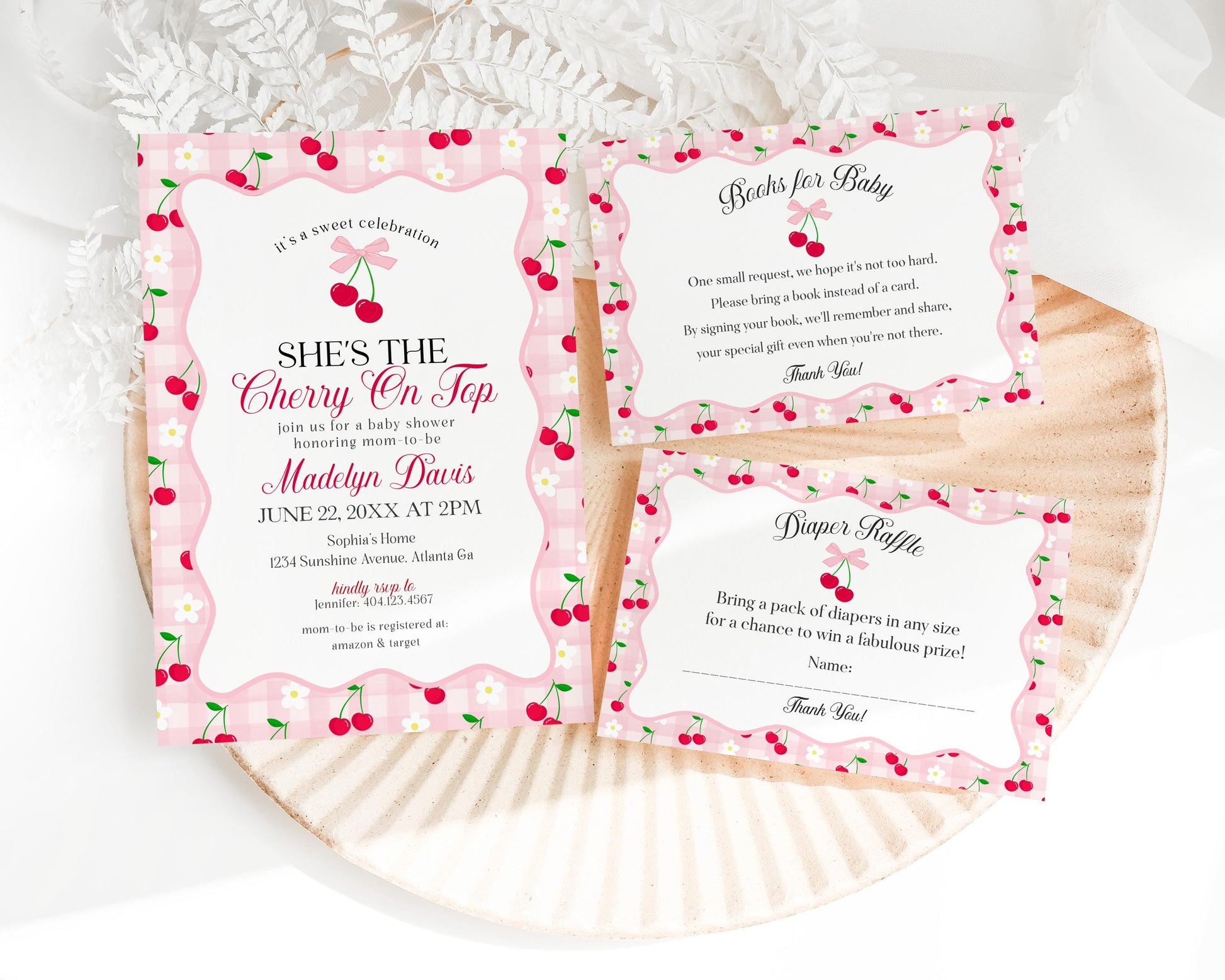 Pink Cherry Gingham Baby Shower Invitation Printable Template, Coquette Sweet Cherry on Top Baby Sprinkle, Pastel Nesting Party Decor WP1071