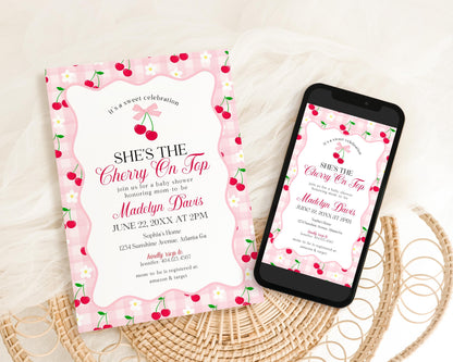 Pink Cherry Gingham Baby Shower Invitation Printable Template, Coquette Sweet Cherry on Top Baby Sprinkle, Pastel Nesting Party Decor WP1071