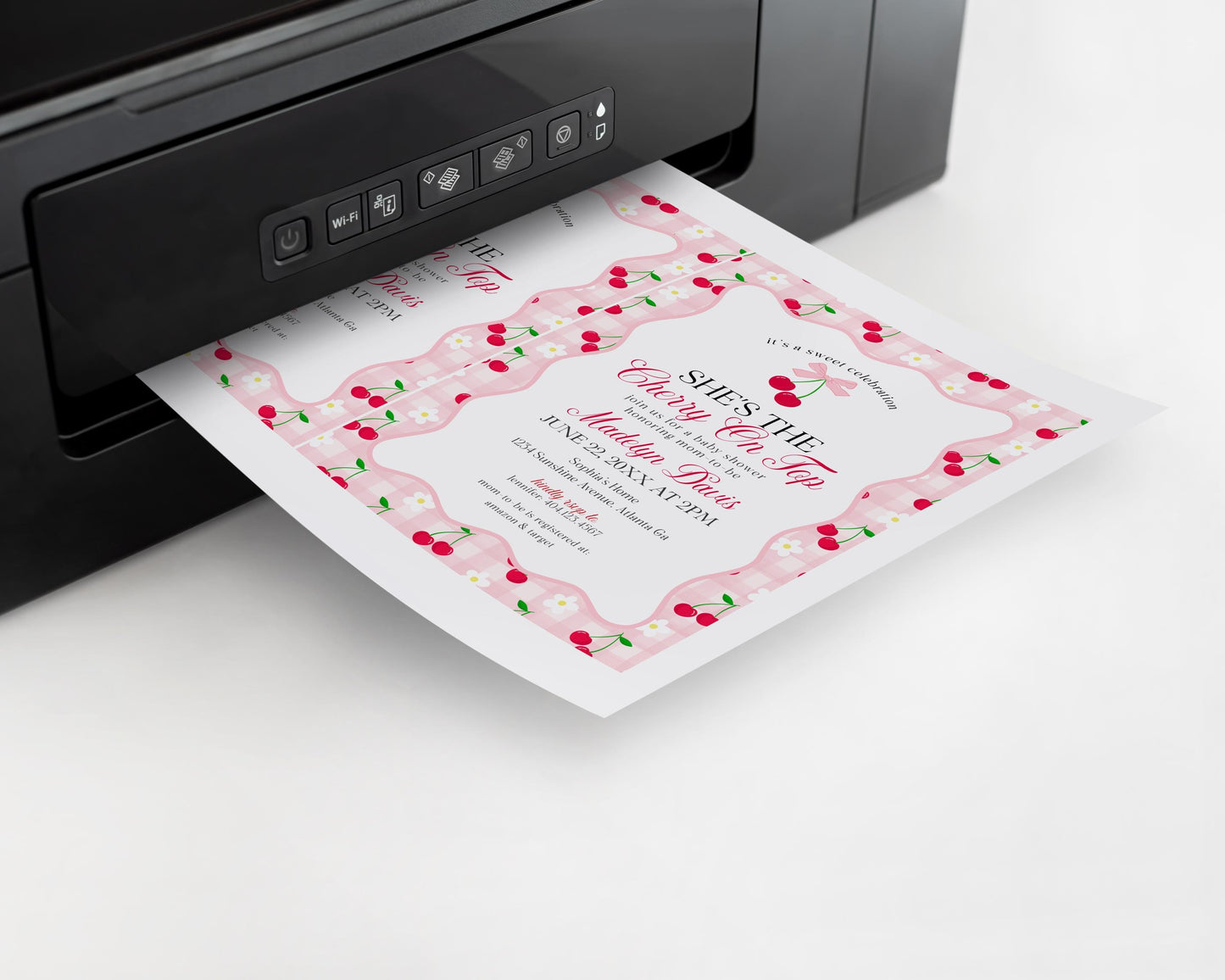 Pink Cherry Gingham Baby Shower Invitation Printable Template, Coquette Sweet Cherry on Top Baby Sprinkle, Pastel Nesting Party Decor WP1071