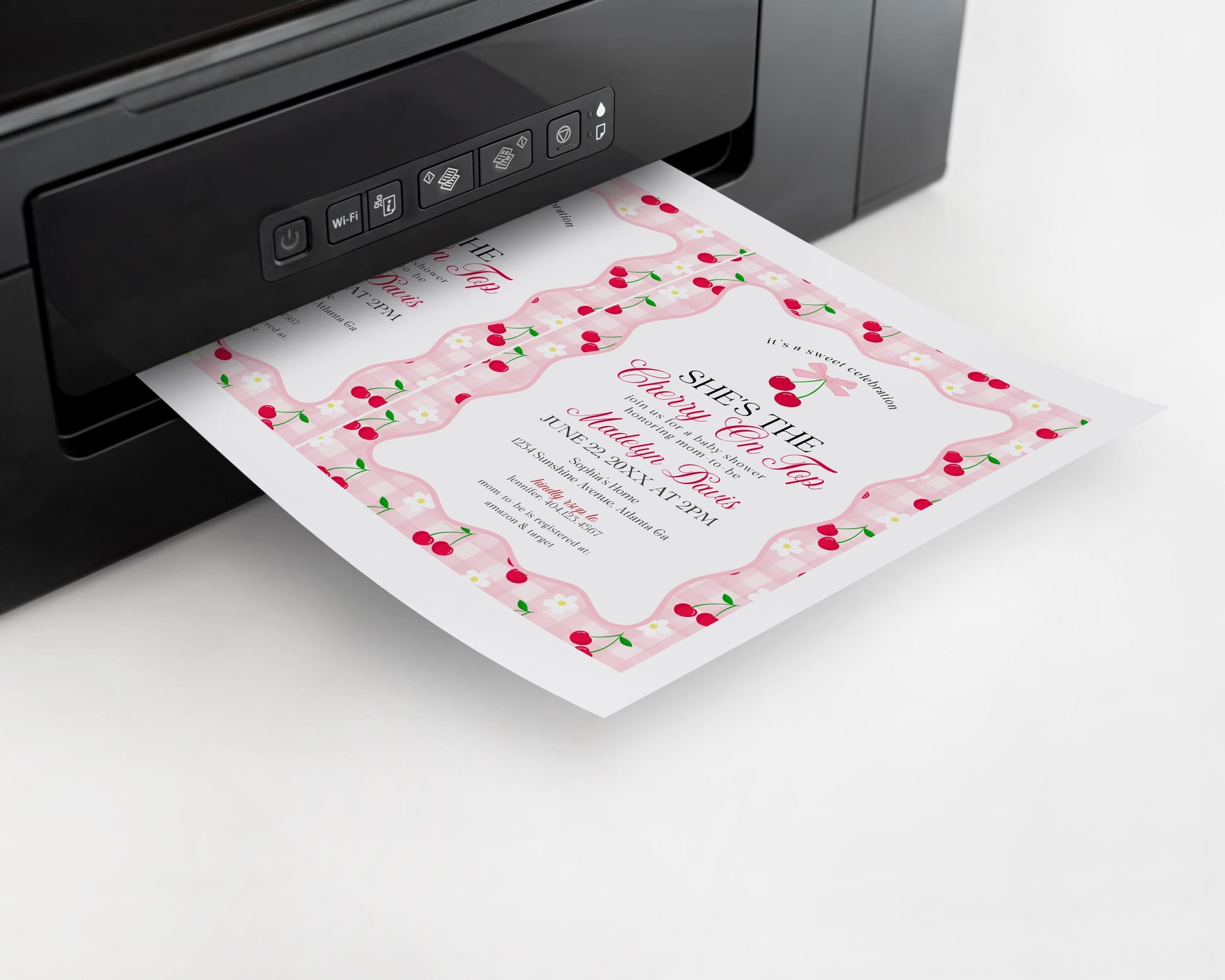 Pink Cherry Gingham Baby Shower Invitation Printable Template, Coquette Sweet Cherry on Top Baby Sprinkle, Pastel Nesting Party Decor WP1071