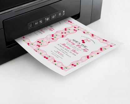 Pink Cherry Gingham Baby Shower Invitation Printable Template, Coquette Sweet Cherry on Top Baby Sprinkle, Pastel Nesting Party Decor WP1071