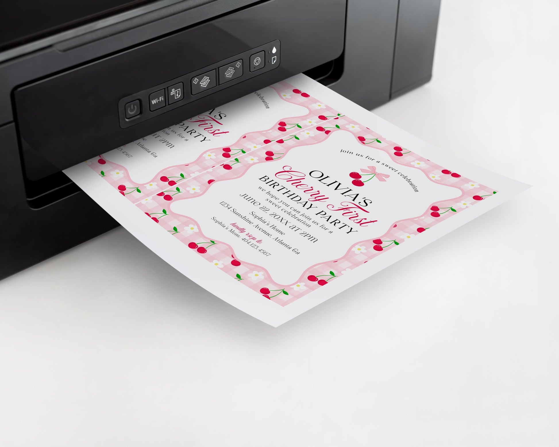 Pink Cherry Gingham 1st Birthday Invite Printable Template, Coquette Sweet Cherry First Bday Celebration, Pastel Gingham Party Decor WP1071