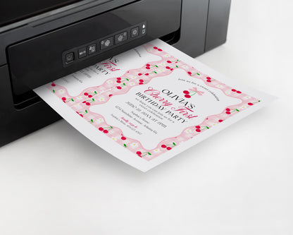 Pink Cherry Gingham 1st Birthday Invite Printable Template, Coquette Sweet Cherry First Bday Celebration, Pastel Gingham Party Decor WP1071