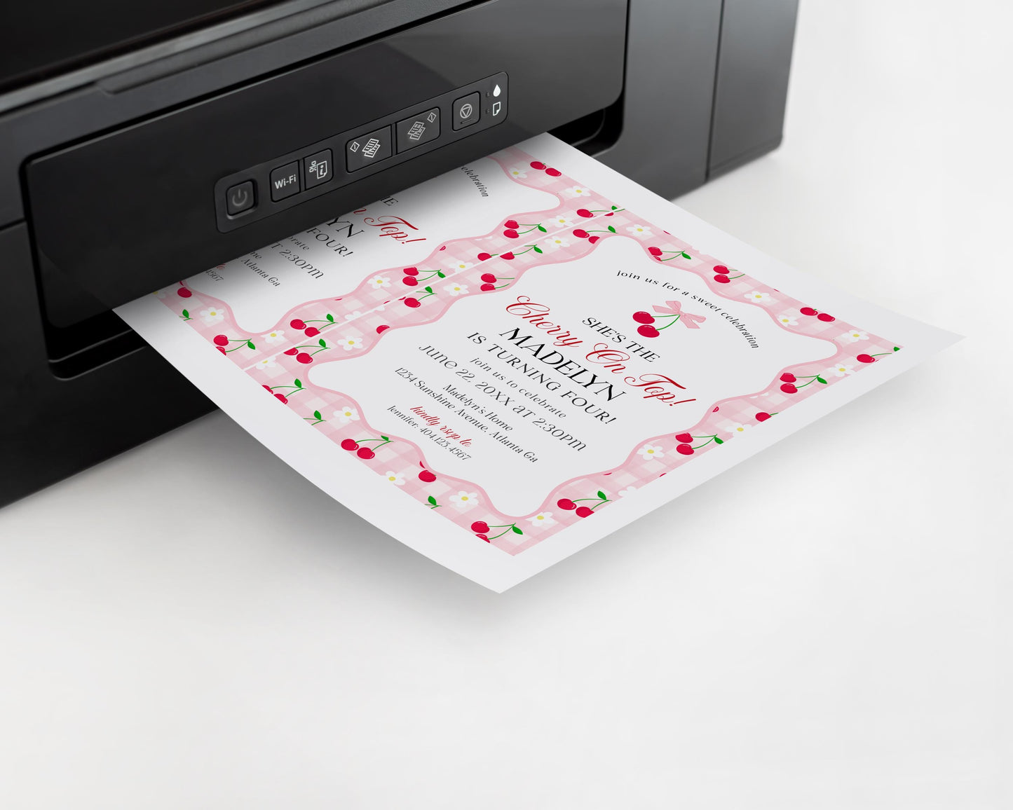 Pink Cherry Gingham Birthday Invite Printable Template, Coquette Sweet Cherry Bday Celebration, Pastel Gingham Party Decor WP1071