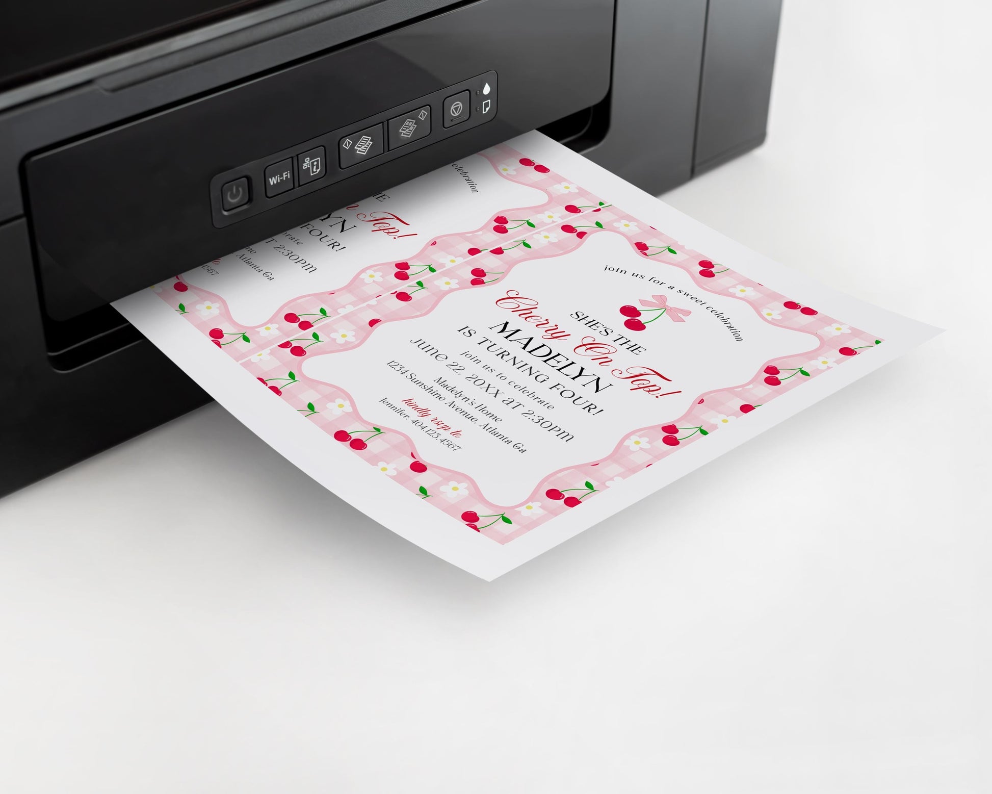 Pink Cherry Gingham Birthday Invite Printable Template, Coquette Sweet Cherry Bday Celebration, Pastel Gingham Party Decor WP1071