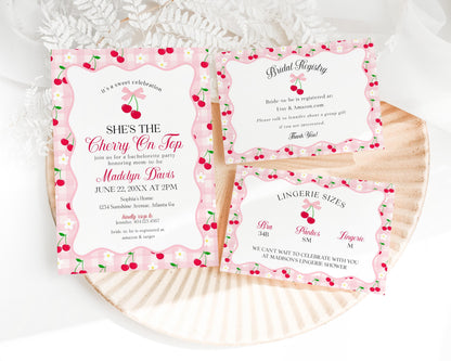Pink Cherry Gingham Bachelorette Invite Template, Coquette Cherry Sweet Hen Party, Pastel Gingham Engagement Girls Night Decor WP1071
