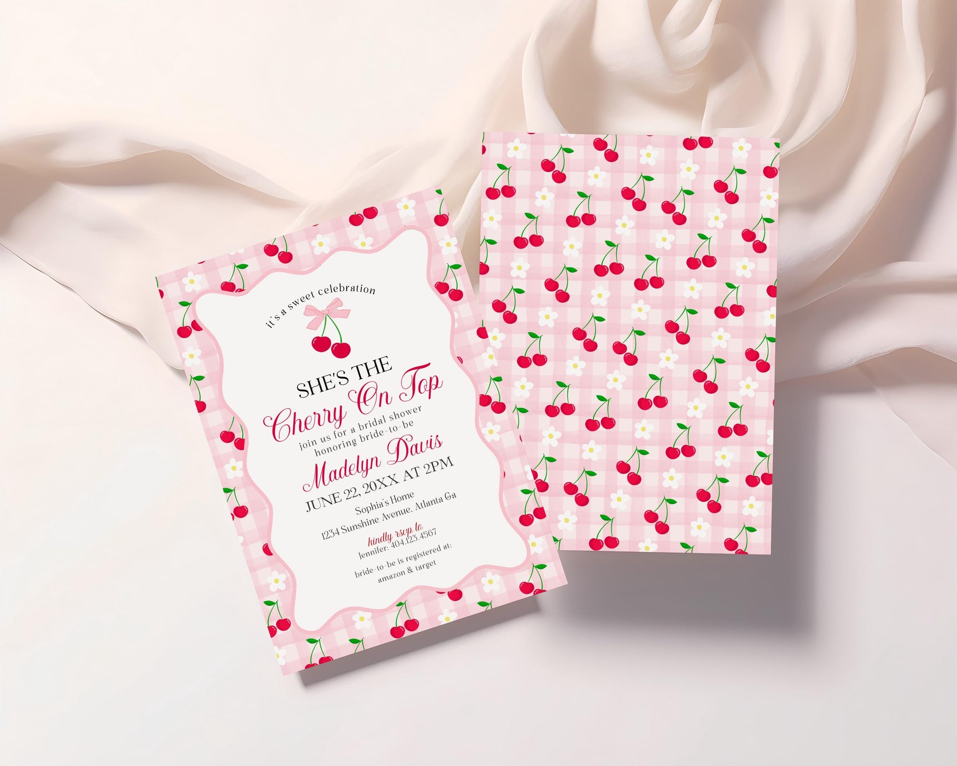 Pink Cherry Gingham Bridal Shower Invitation Printable Template, Coquette Cherry Sweet Bridal Brunch, Pastel Engagement Party Decor WP1071