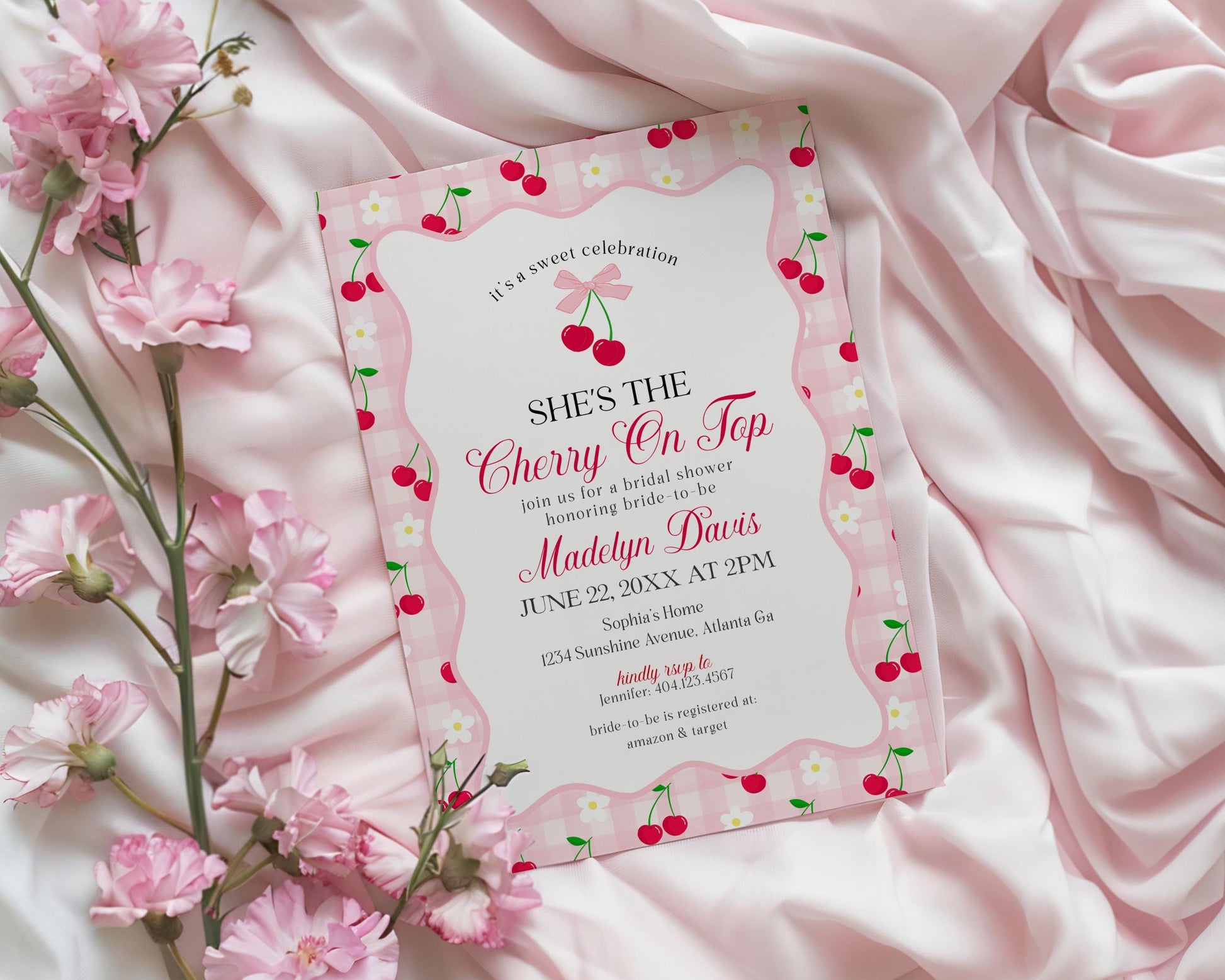 Pink Cherry Gingham Bridal Shower Invitation Printable Template, Coquette Cherry Sweet Bridal Brunch, Pastel Engagement Party Decor WP1071
