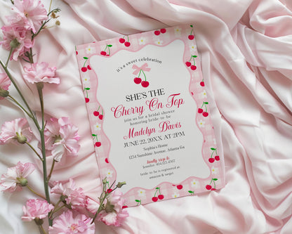 Pink Cherry Gingham Bridal Shower Invitation Printable Template, Coquette Cherry Sweet Bridal Brunch, Pastel Engagement Party Decor WP1071