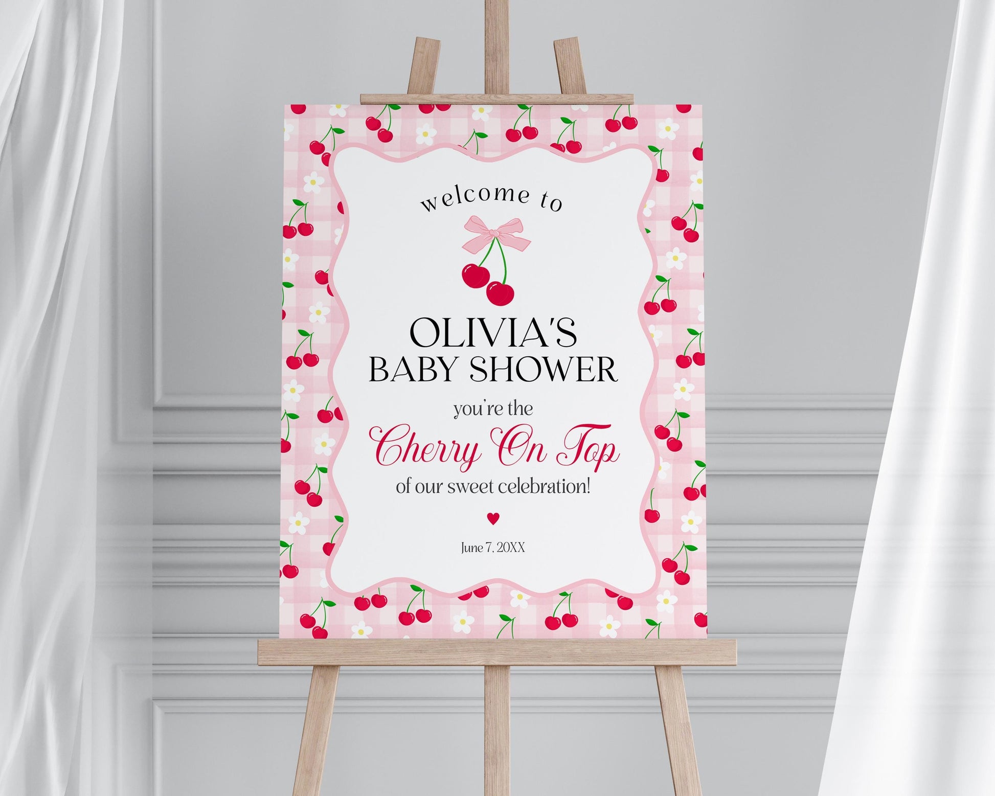 Pink Cherry Gingham Baby Shower Welcome Sign Template, Coquette Sweet Cherry on Top Baby Sprinkle, Pastel Gingham Nesting Party Decor WP1071