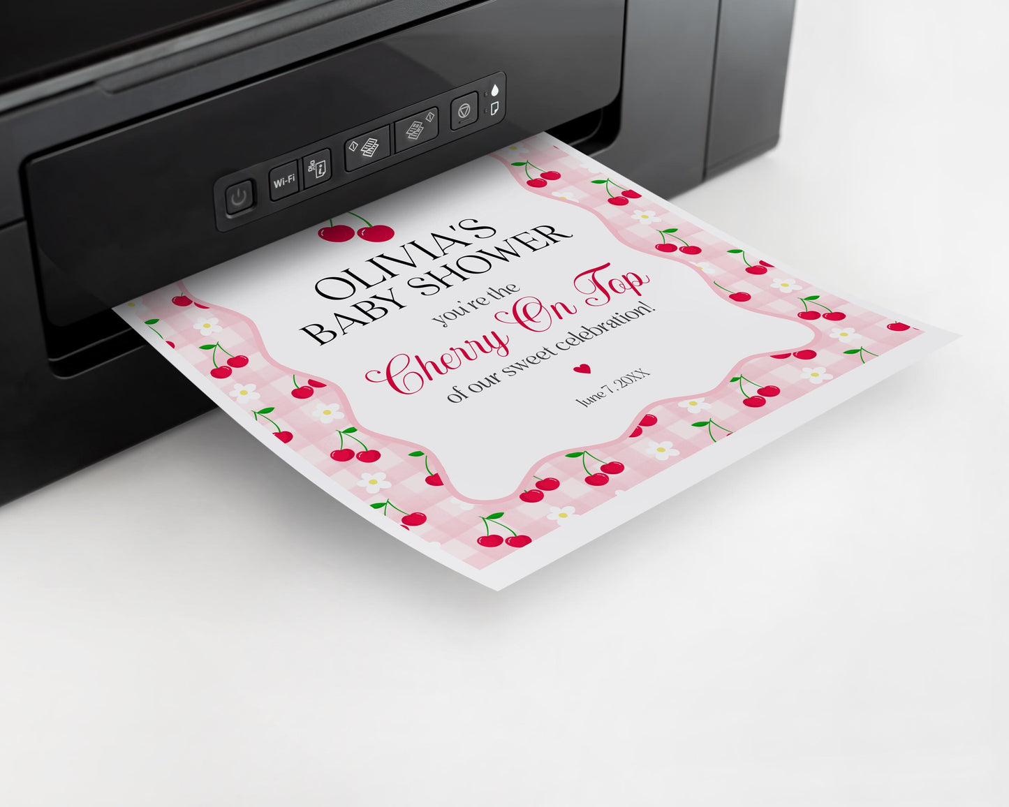 Pink Cherry Gingham Baby Shower Welcome Sign Template, Coquette Sweet Cherry on Top Baby Sprinkle, Pastel Gingham Nesting Party Decor WP1071
