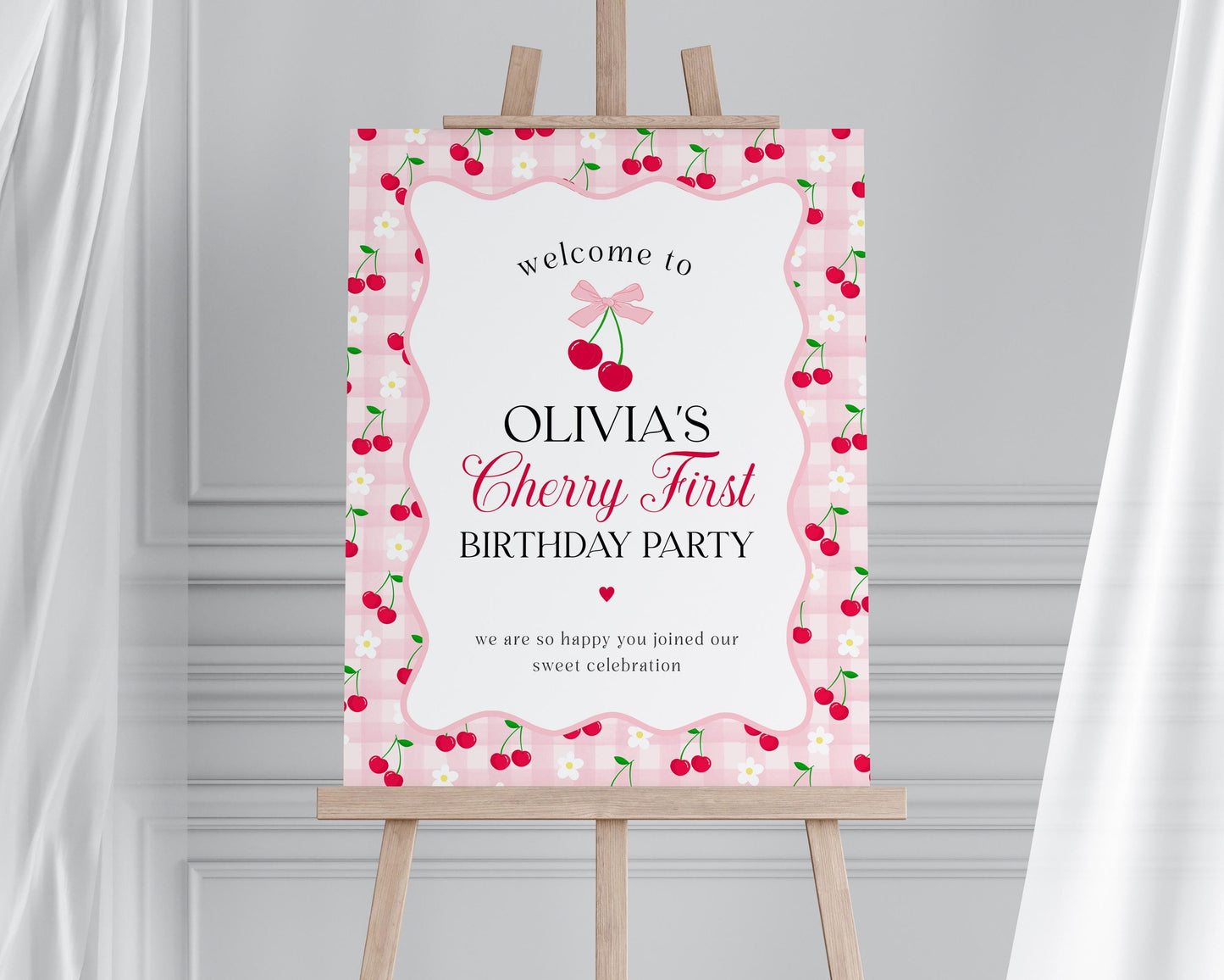 Pink Cherry Gingham 1st Birthday Welcome Sign Template, Coquette Sweet Cherry First Celebration, Pastel Gingham Party Decor WP1071