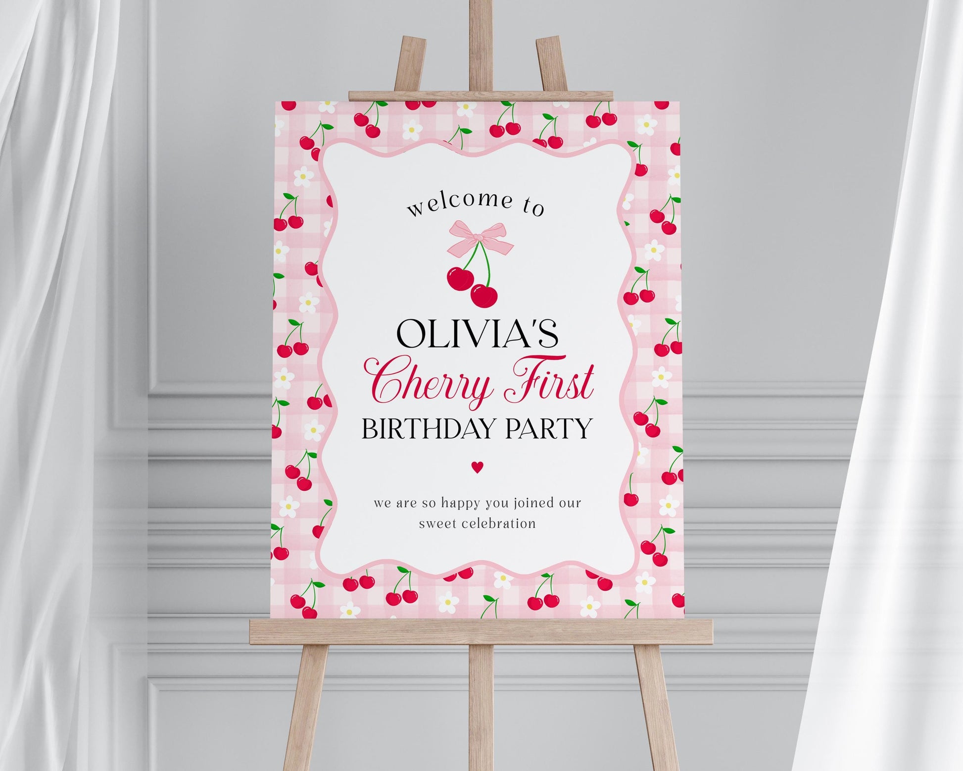 Pink Cherry Gingham 1st Birthday Welcome Sign Template, Coquette Sweet Cherry First Celebration, Pastel Gingham Party Decor WP1071