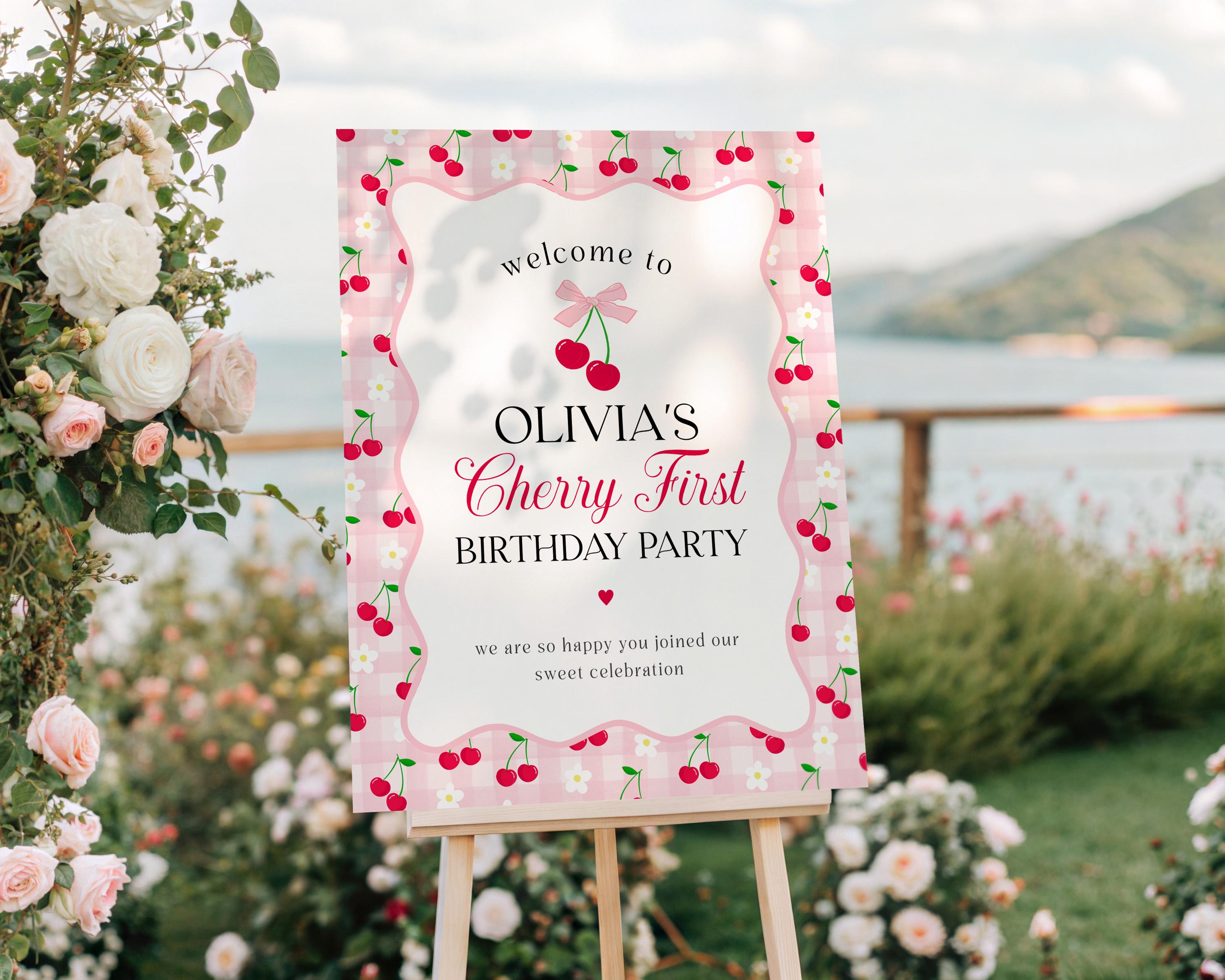Pink Cherry Gingham 1st Birthday Welcome Sign Template, Coquette Sweet Cherry First Celebration, Pastel Gingham Party Decor WP1071