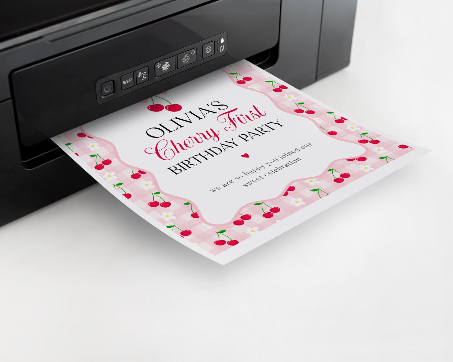 Pink Cherry Gingham 1st Birthday Welcome Sign Template, Coquette Sweet Cherry First Celebration, Pastel Gingham Party Decor WP1071