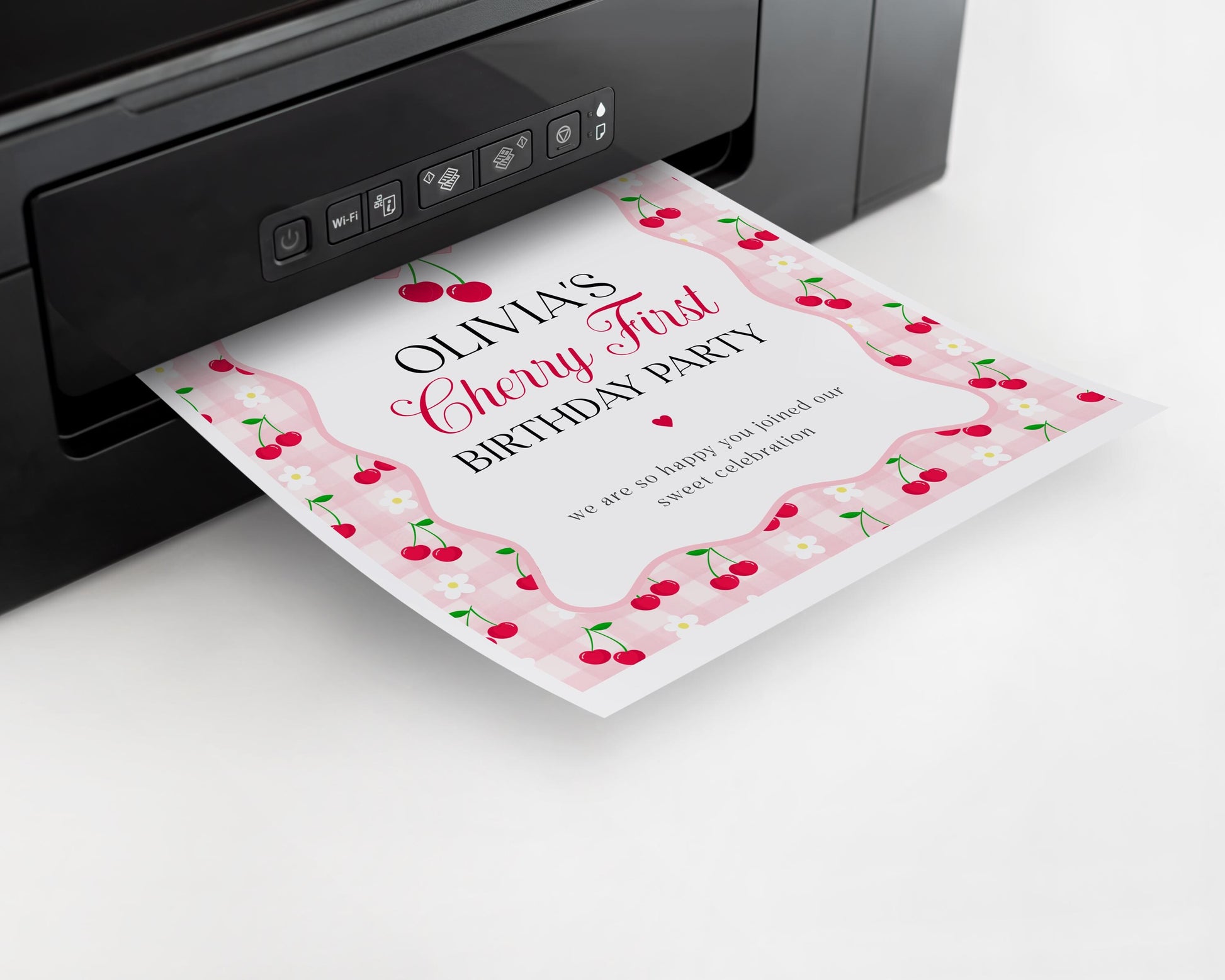 Pink Cherry Gingham 1st Birthday Welcome Sign Template, Coquette Sweet Cherry First Celebration, Pastel Gingham Party Decor WP1071