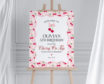 Pink Cherry Gingham Birthday Welcome Sign Template, Coquette Sweet Cherry Celebration, Pastel Gingham Party Decor WP1071
