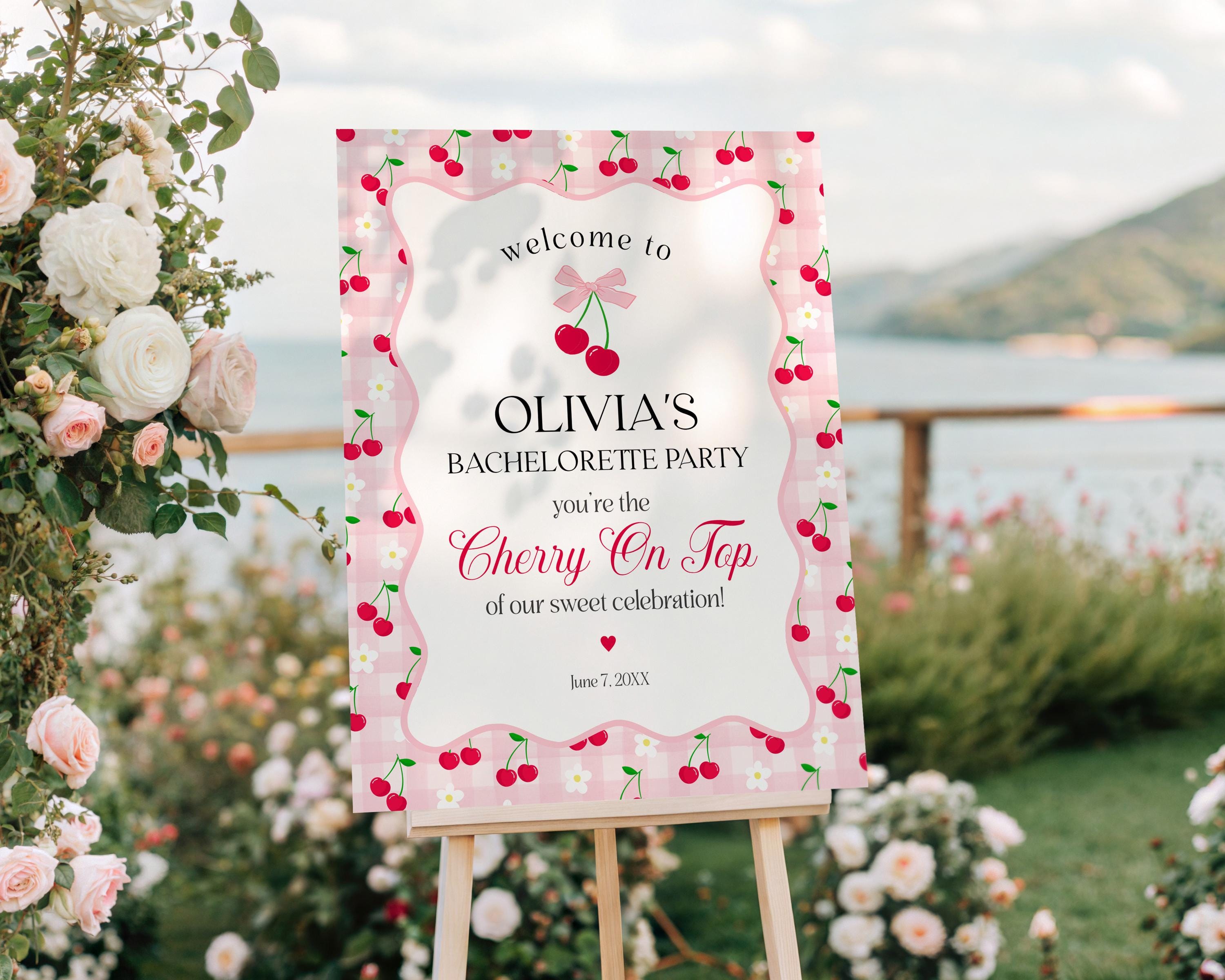 Pink Cherry Gingham Bachelorette Welcome Sign Printable Template, Coquette Cherry Sweet Hen Party Pastel Engagement Girls Night Decor WP1071