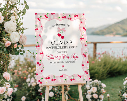 Pink Cherry Gingham Bachelorette Welcome Sign Printable Template, Coquette Cherry Sweet Hen Party Pastel Engagement Girls Night Decor WP1071