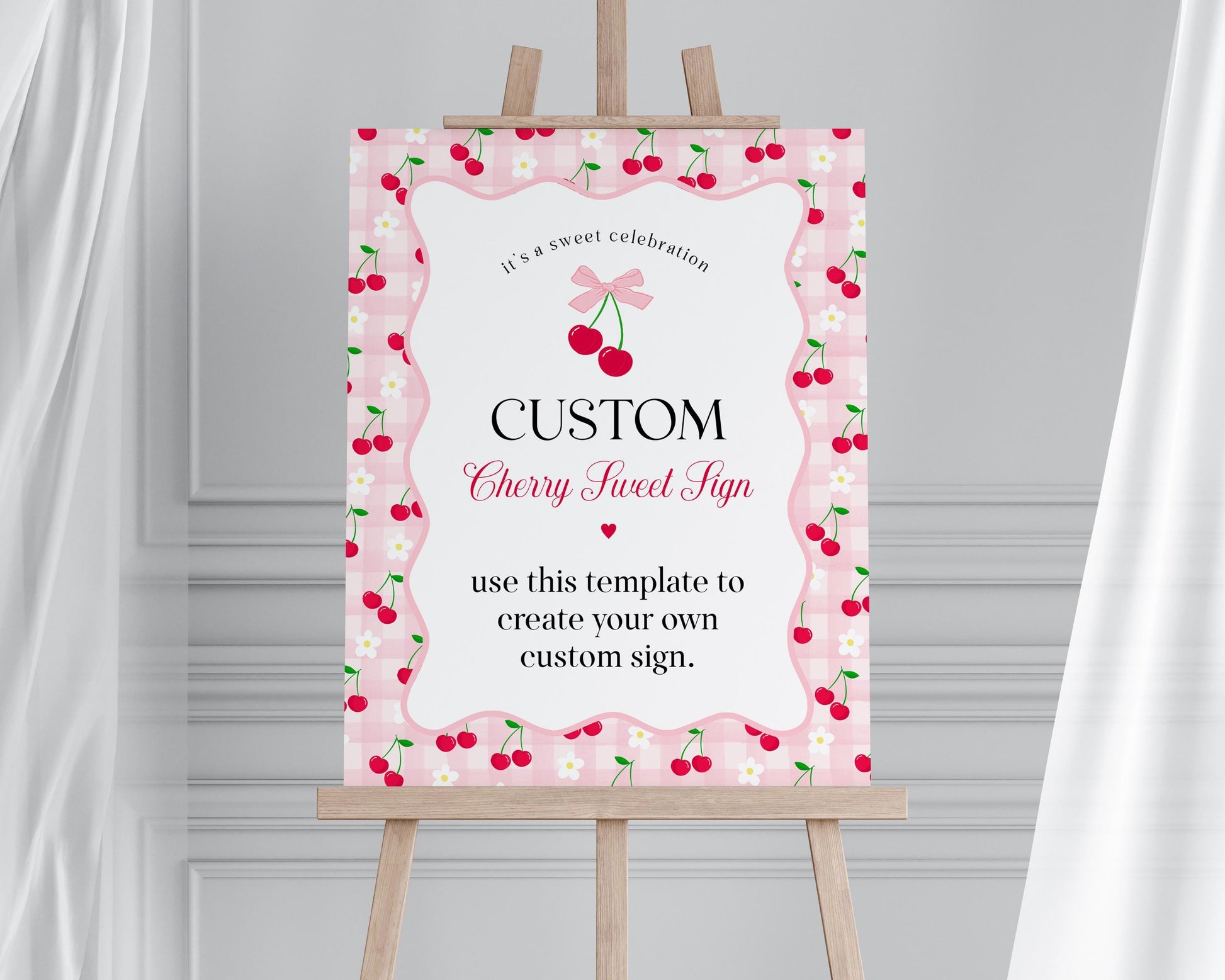 Pink Cherry Gingham Custom Sign Template, Coquette Sweet Cherry Baby Shower, Pastel Gingham Bridal Brunch, Girl Birthday Party Decor WP1071
