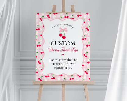Pink Cherry Gingham Custom Sign Template, Coquette Sweet Cherry Baby Shower, Pastel Gingham Bridal Brunch, Girl Birthday Party Decor WP1071