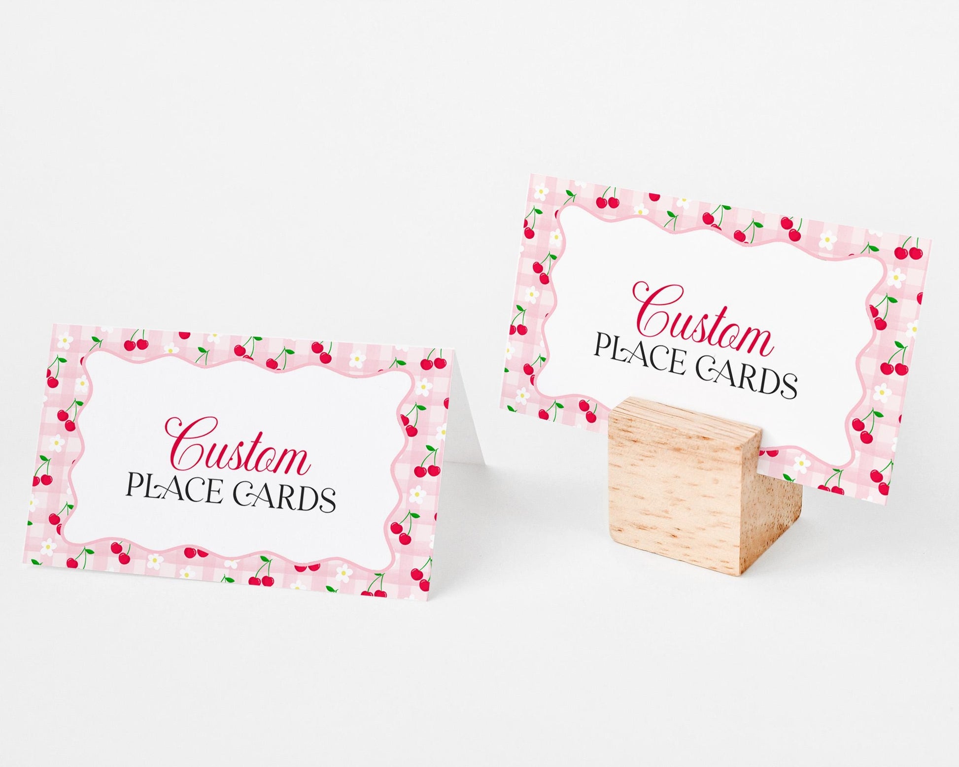Pink Cherry Gingham Place Cards Template, Coquette Sweet Cherry Baby Shower, Pastel Gingham Bridal Brunch, Girl Birthday Party Decor WP1071