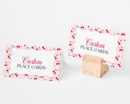 Pink Cherry Gingham Place Cards Template, Coquette Sweet Cherry Baby Shower, Pastel Gingham Bridal Brunch, Girl Birthday Party Decor WP1071